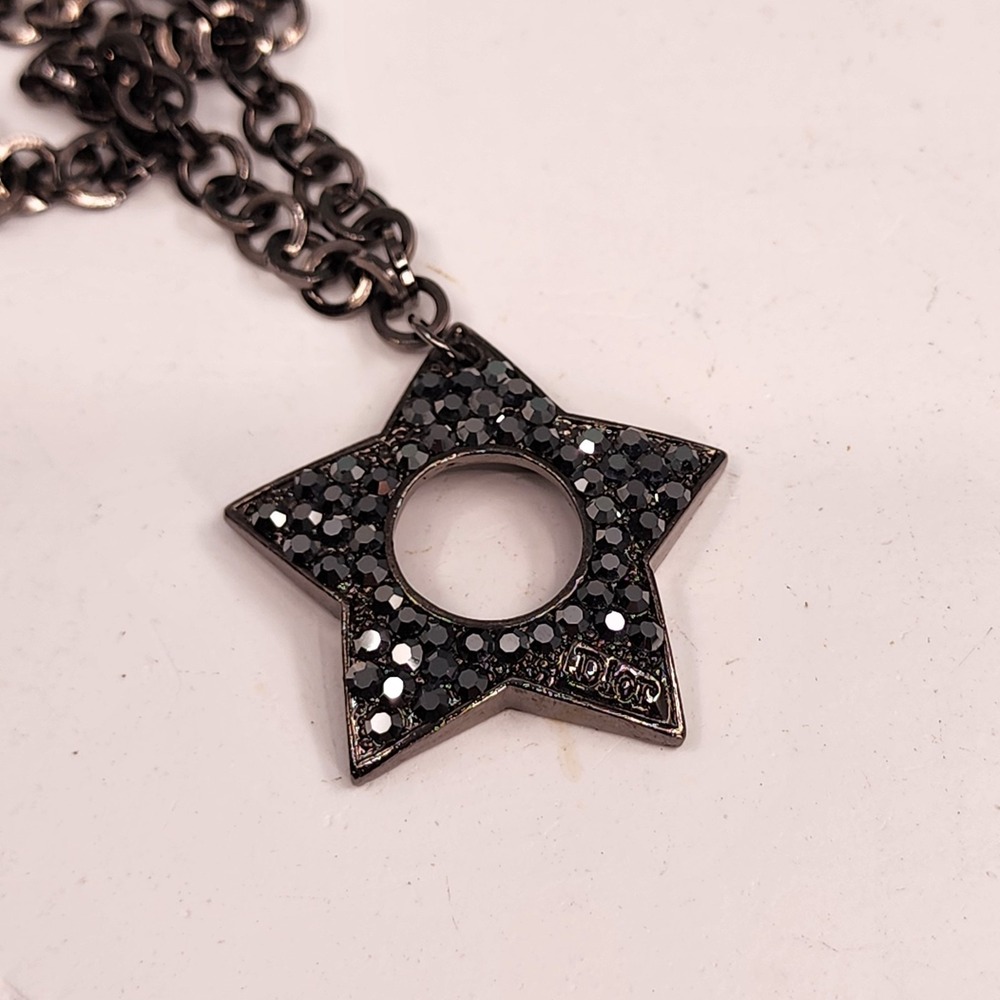 Dior Black Rhinestone Star Pendant Necklace Gunmetal Chain Statement Jewelry